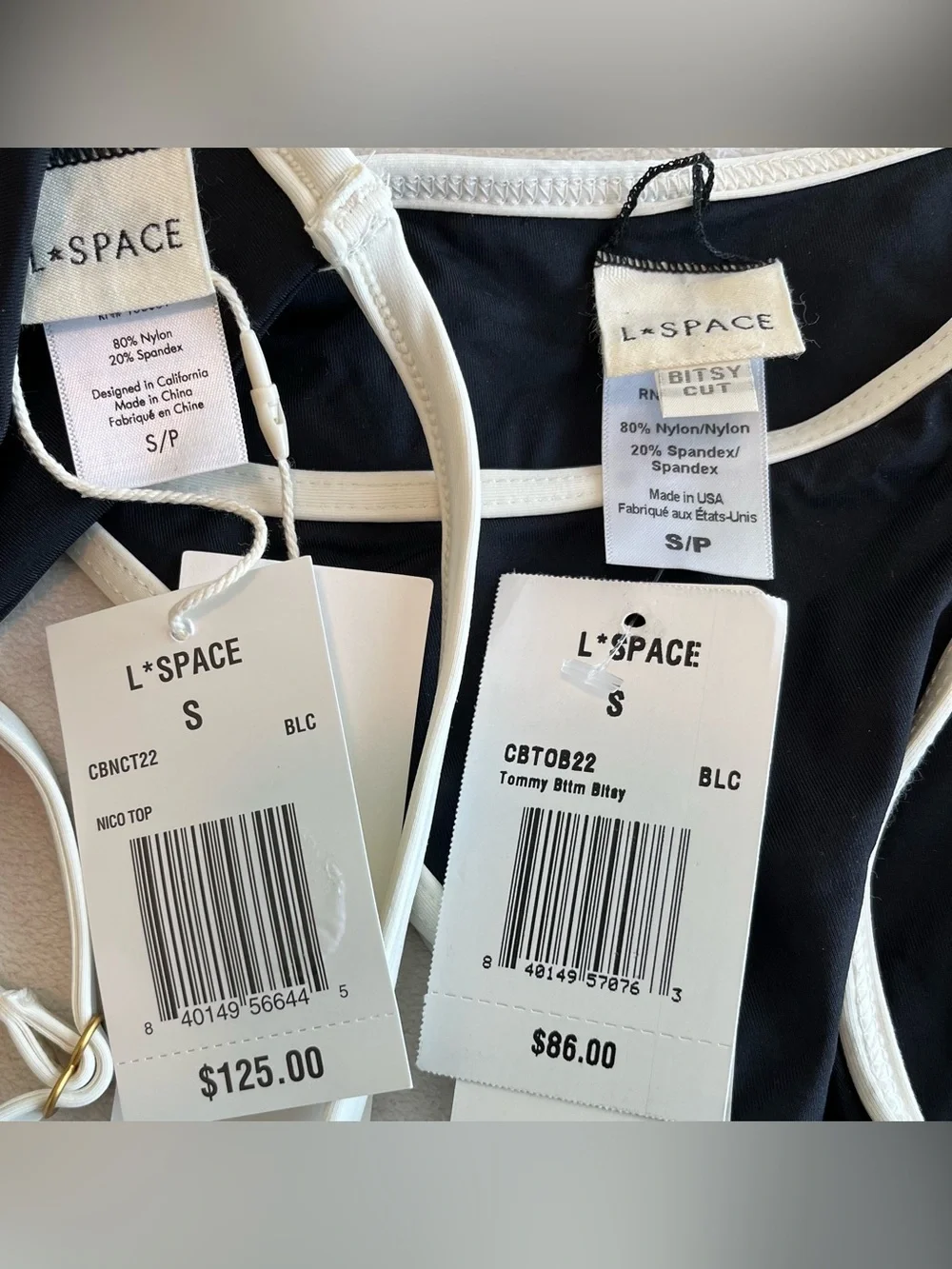 L*Space Bikini Set Niko Top & Tommy Bitsy Bottoms Small Black/White Resortwear